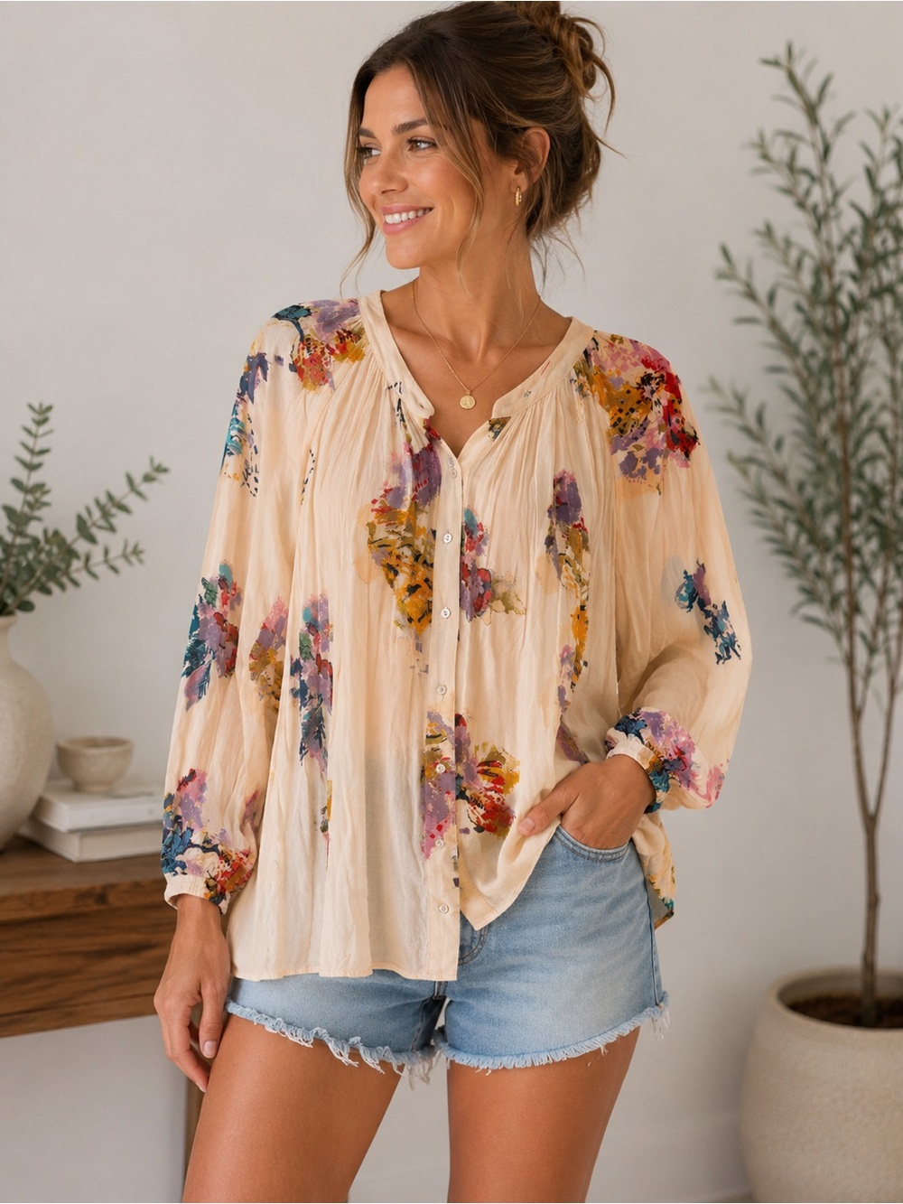 Free People Women’s Large Floral Button Front Boho Blouse Long Sleeve Flowy Top